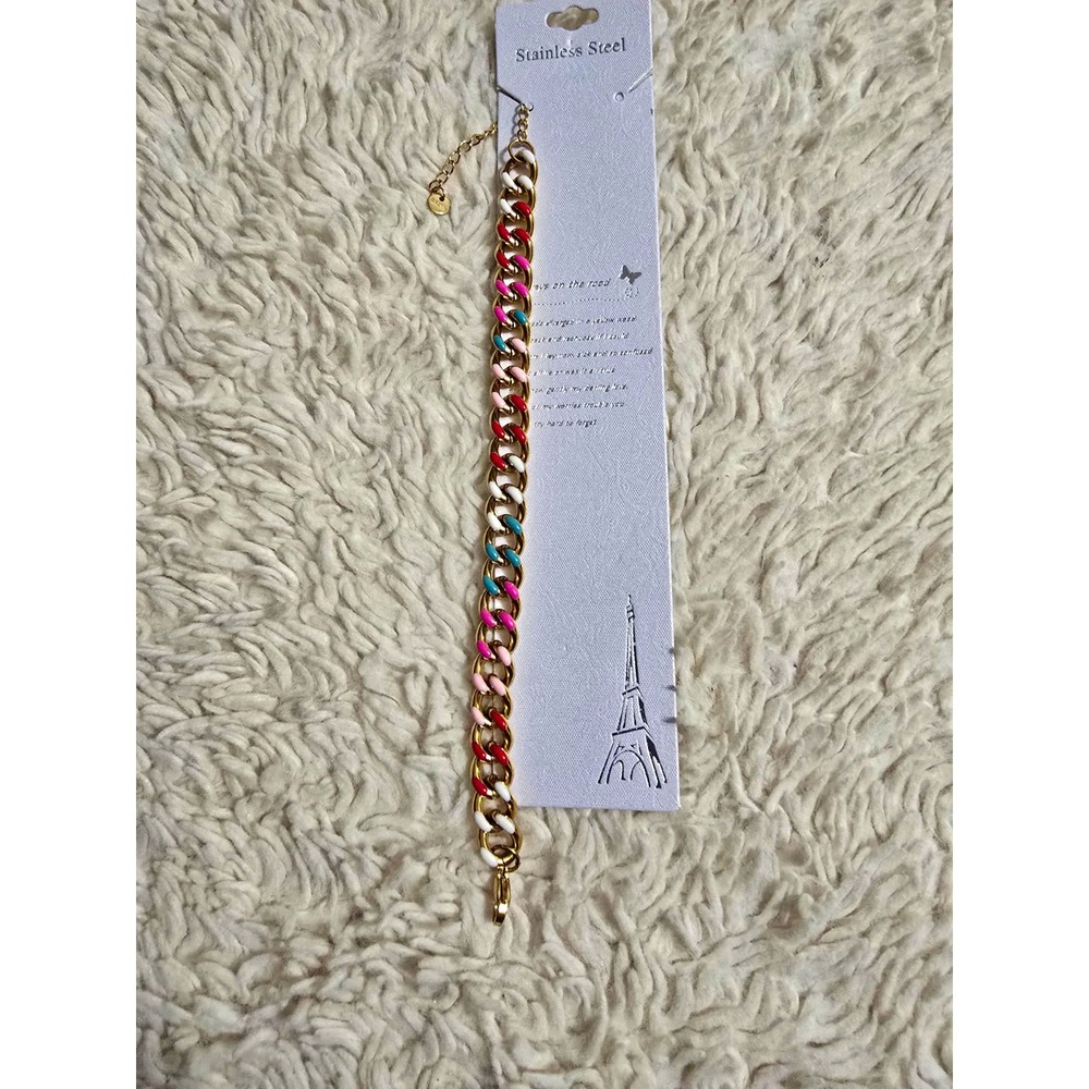Stainless Steel Gold Tone Multicolor Enamel Curb Link Bracelet 8in Adjustable
